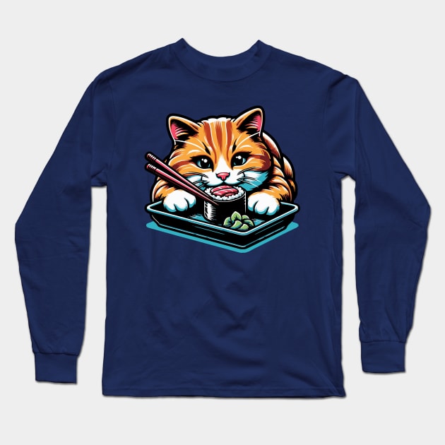 Ginger Cat eating sushi Long Sleeve T-Shirt by Mey Designs